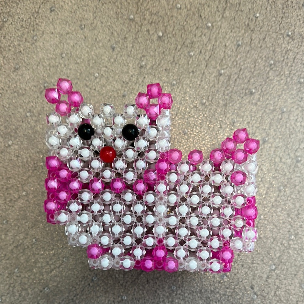 Pink and White Beaded Cat Pen holder